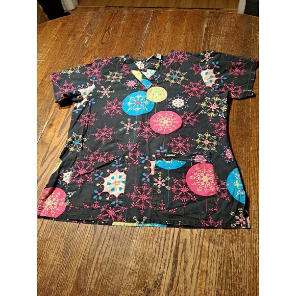 LANDAU Scrubs Medium Black Scrub Top Glitter Pink Blue Yellow V-Neck Pockets - Picture 1 of 2